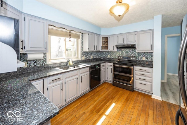 kitchen with a sink, stainless steel appliances, under cabinet range hood, light wood finished floors, and backsplash