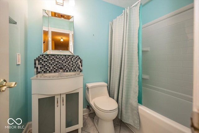 full bath featuring tasteful backsplash, tile patterned floors, toilet, vanity, and shower / tub combo with curtain