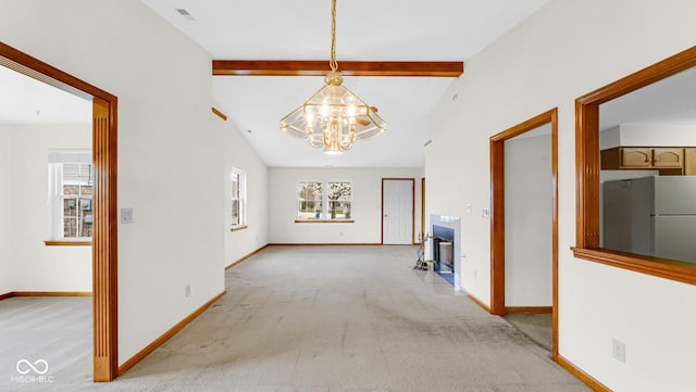 interior space featuring a chandelier, baseboards, light carpet, and vaulted ceiling with beams