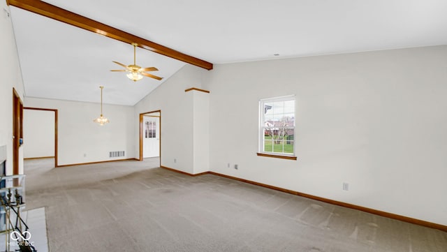 unfurnished living room with baseboards, lofted ceiling with beams, carpet flooring, visible vents, and ceiling fan with notable chandelier