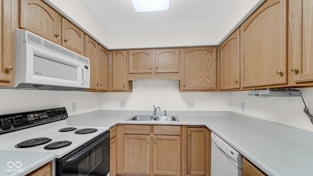 kitchen with light countertops, white appliances, light brown cabinets, and a sink