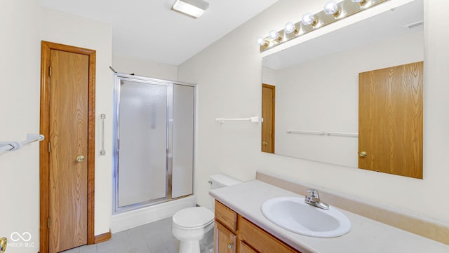 full bath featuring toilet, an enclosed shower, vanity, and visible vents