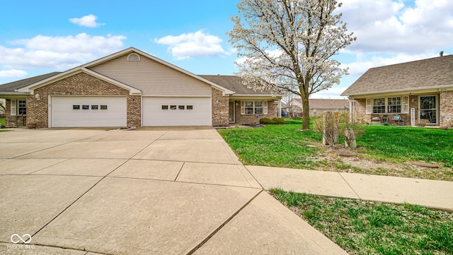 ranch-style house with brick siding, driveway, a front yard, and a garage