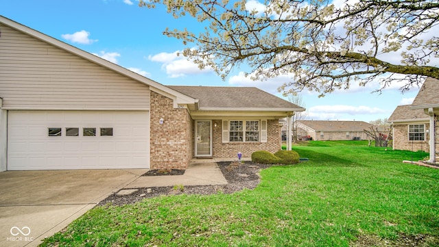 view of front of property featuring brick siding, roof with shingles, a front lawn, and concrete driveway