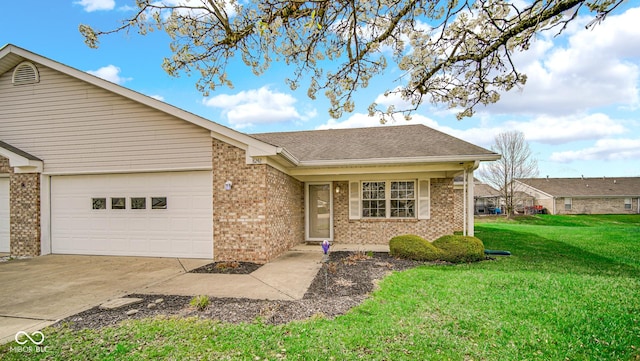 single story home featuring roof with shingles, a front lawn, brick siding, an attached garage, and driveway