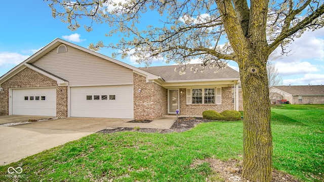 ranch-style house with a garage, brick siding, driveway, and a front lawn