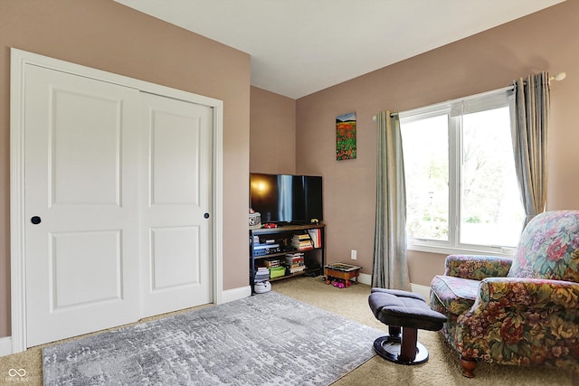 living area featuring baseboards and carpet