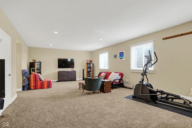 interior space featuring carpet flooring, recessed lighting, and baseboards