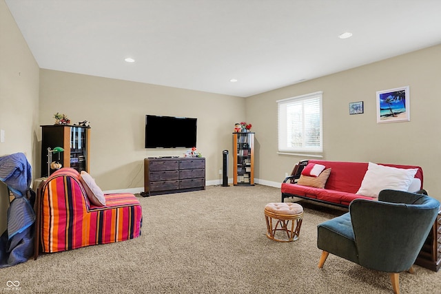living room featuring carpet floors, recessed lighting, and baseboards