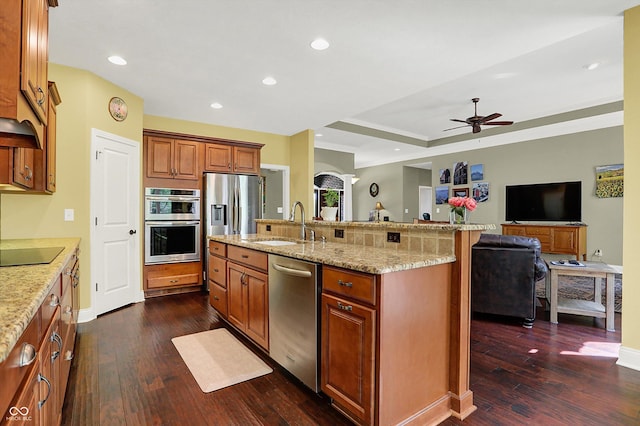 kitchen featuring a sink, dark wood finished floors, light stone countertops, and stainless steel appliances