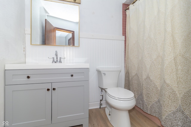 full bathroom with toilet, wood finished floors, and vanity