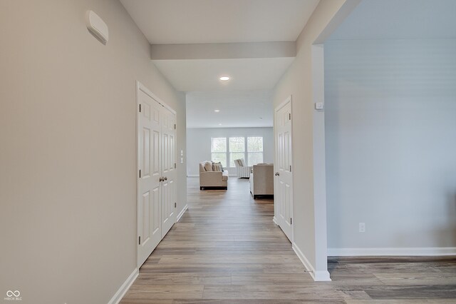 3799 Hoosier Down Dr, Bargersville, IN 46106 - hallway featuring baseboards, wood finished floors, and recessed lighting
