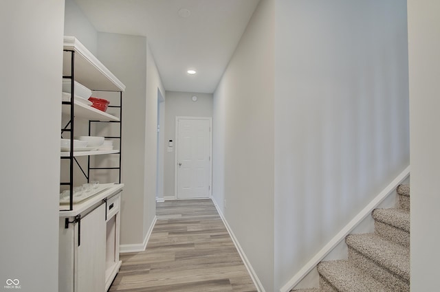 3799 Hoosier Down Dr, Bargersville, IN 46106 - corridor featuring light wood finished floors, baseboards, recessed lighting, and stairway