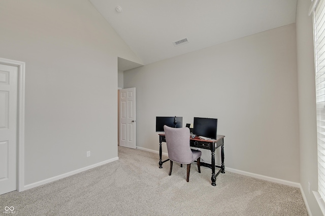 3799 Hoosier Down Dr, Bargersville, IN 46106 - carpeted office featuring baseboards, visible vents, and high vaulted ceiling