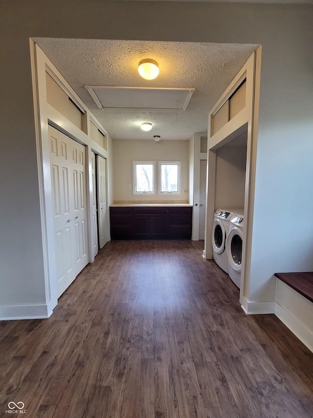 2628 N 150 E, Rushville, IN 46173 - clothes washing area with dark wood finished floors, attic access, washer and dryer, and a textured ceiling