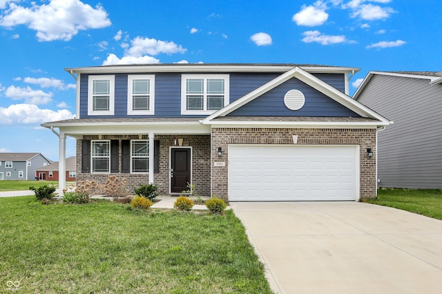 view of front of property featuring concrete driveway, an attached garage, a front lawn, brick siding, and covered porch
