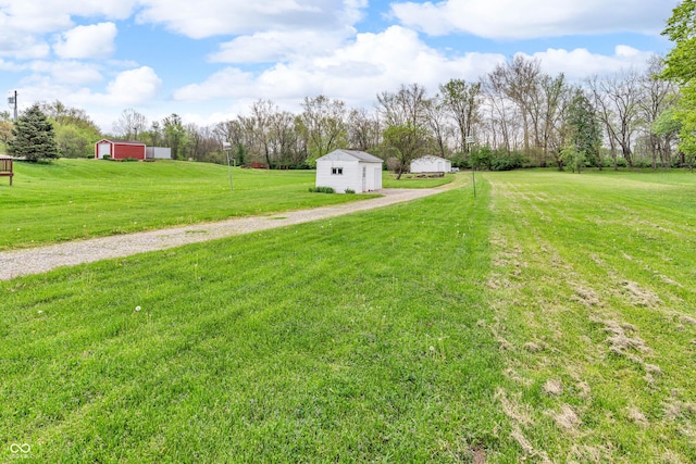 view of yard with a storage shed, driveway, and an outbuilding