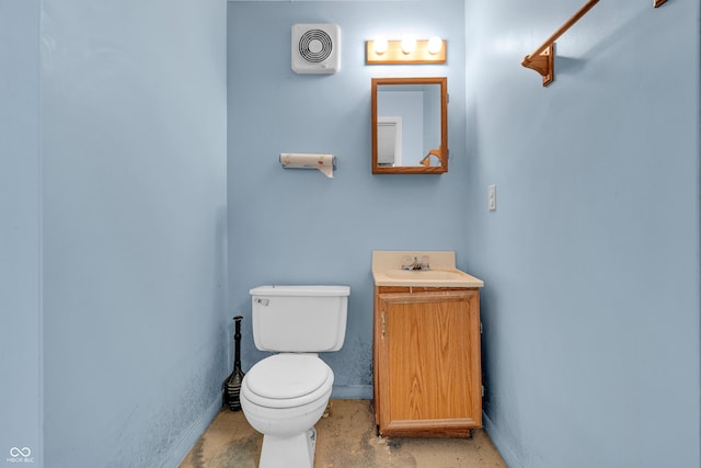 half bath featuring visible vents, baseboards, toilet, and vanity