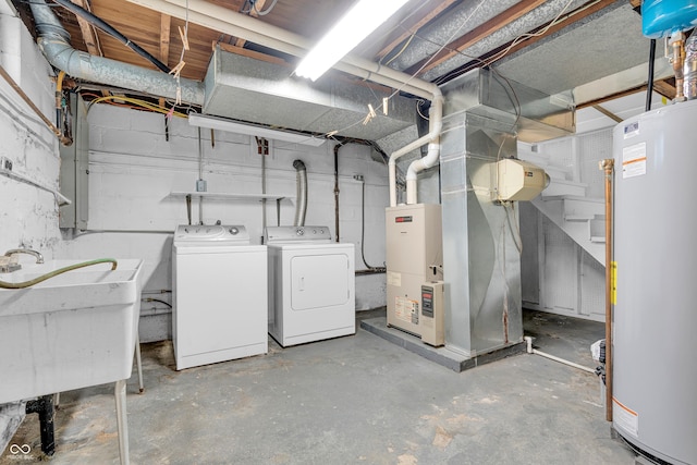 unfinished below grade area with water heater, separate washer and dryer, heating unit, and a sink