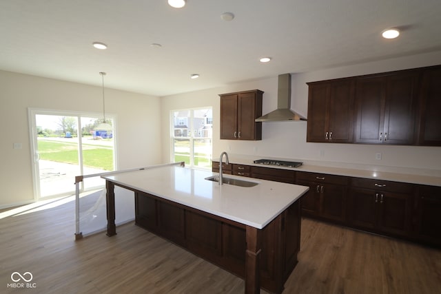 10543 Banyan Wood Ct, Indianapolis, IN 46239 - kitchen featuring wall chimney range hood, a sink, wood finished floors, healthy amount of natural light, and recessed lighting