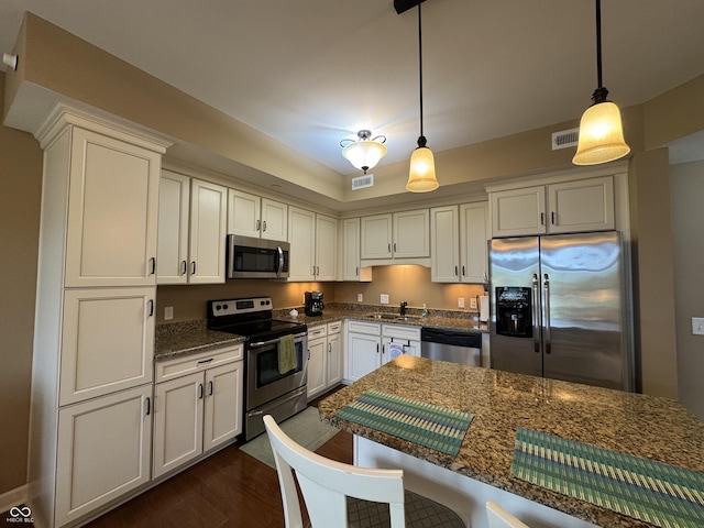 20971 Shoreline Ct Unit 214, Noblesville, IN 46062 - kitchen with a sink, appliances with stainless steel finishes, dark wood-style floors, and hanging light fixtures