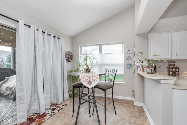 10518 Greenway Dr, Fishers, IN 46037 - dining space with stone finish flooring, baseboards, and lofted ceiling