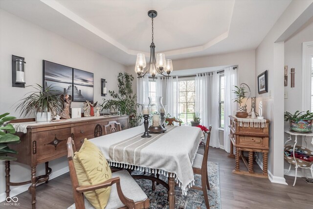 10518 Greenway Dr, Fishers, IN 46037 - dining area featuring a notable chandelier, baseboards, wood finished floors, and a raised ceiling