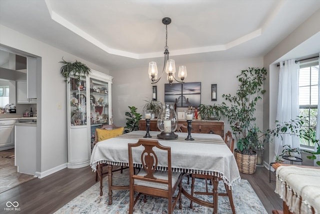 10518 Greenway Dr, Fishers, IN 46037 - dining area featuring a tray ceiling, an inviting chandelier, and wood finished floors
