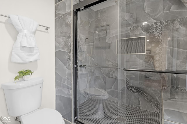 full bathroom featuring toilet and a shower stall