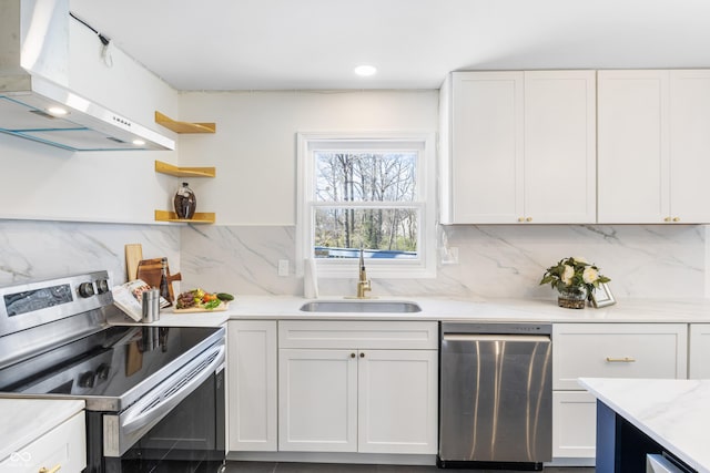 kitchen with white cabinetry, open shelves, under cabinet range hood, a sink, and stainless steel appliances