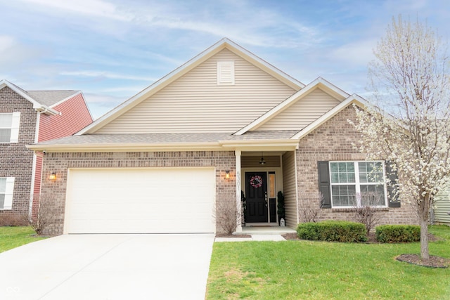 view of front of home featuring roof with shingles, a front lawn, brick siding, a garage, and driveway