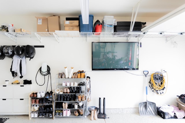 interior space featuring speckled floor