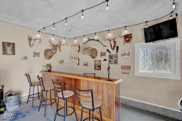 10495 Deer Run Rd, Poland, IN 47868 - bar featuring baseboards, indoor wet bar, concrete flooring, and a textured ceiling