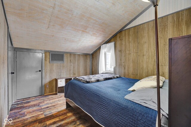 10495 Deer Run Rd, Poland, IN 47868 - bedroom featuring lofted ceiling, wood walls, wooden ceiling, and wood finished floors