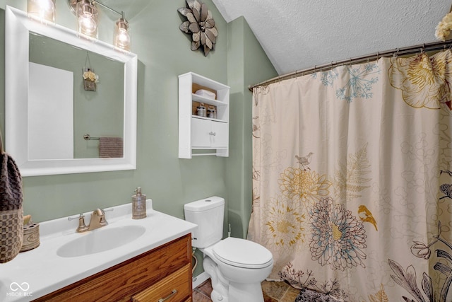 10495 Deer Run Rd, Poland, IN 47868 - full bathroom featuring toilet, a shower with shower curtain, vanity, and a textured ceiling