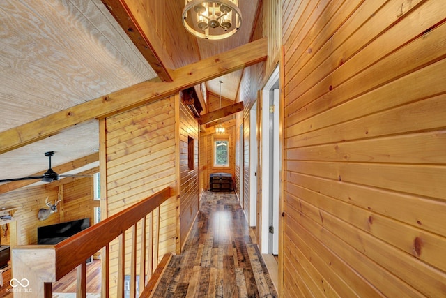 10495 Deer Run Rd, Poland, IN 47868 - hallway with beamed ceiling, wooden walls, wood-type flooring, and a notable chandelier