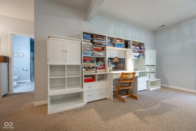 office featuring light carpet, baseboards, and visible vents
