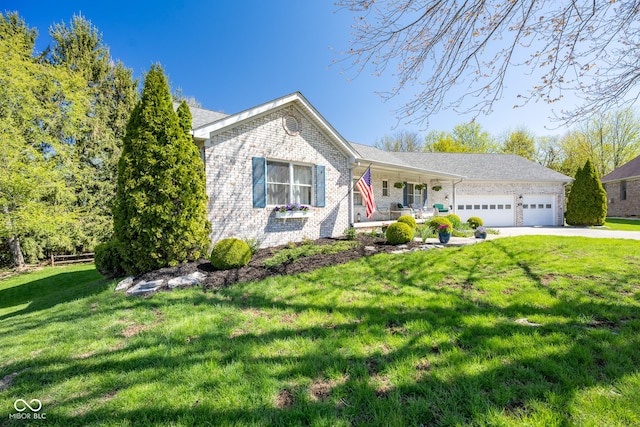 ranch-style house with driveway, a porch, a garage, brick siding, and a front yard