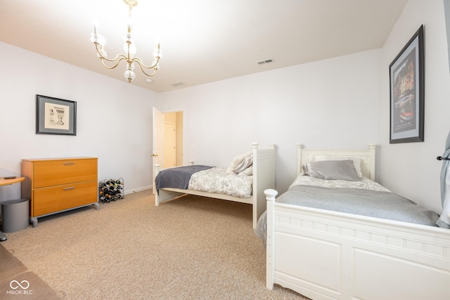bedroom with light carpet, a notable chandelier, and visible vents