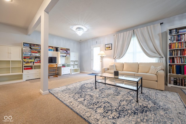living area with baseboards and carpet