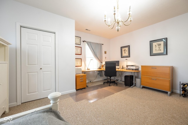 office space with light colored carpet, baseboards, and a notable chandelier