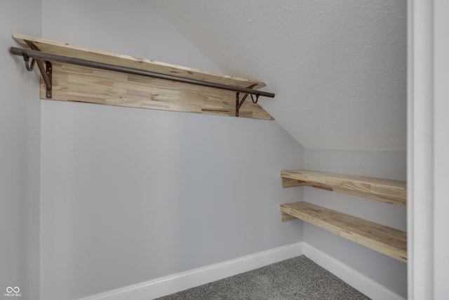 walk in closet featuring carpet floors and lofted ceiling