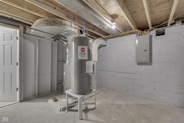 unfinished below grade area with electric water heater and electric panel