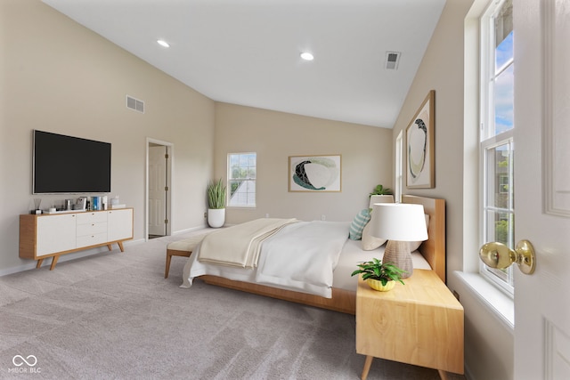 518 Carthage Cir, Westfield, IN 46074 - carpeted bedroom featuring high vaulted ceiling, baseboards, and recessed lighting