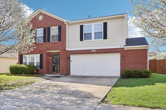 10303 Memorial Knoll Dr, Indianapolis, IN 46234 - traditional home with a garage, fence, a front lawn, brick siding, and driveway