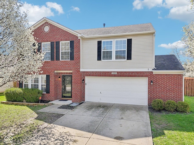 10303 Memorial Knoll Dr, Indianapolis, IN 46234 - view of front of property featuring an attached garage, fence, brick siding, a front lawn, and driveway