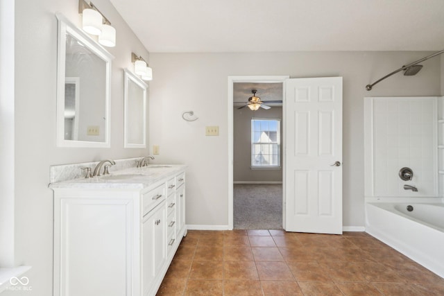 10303 Memorial Knoll Dr, Indianapolis, IN 46234 - bathroom with a sink, a ceiling fan, double vanity, shower / bathtub combination, and tile patterned floors