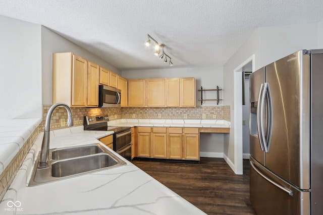 10303 Memorial Knoll Dr, Indianapolis, IN 46234 - kitchen featuring open shelves, a sink, dark wood-style flooring, stainless steel appliances, and decorative backsplash