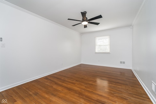 4106 Armon Ct, Carmel, IN 46033 - unfurnished room with dark wood-style flooring, baseboards, ornamental molding, a ceiling fan, and visible vents