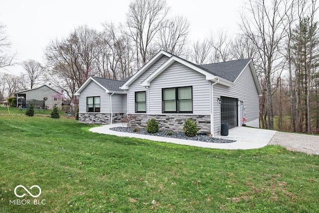 8917 N Old State Road 37, Bloomington, IN 47408 - view of front facade with an attached garage, driveway, stone siding, and a front lawn